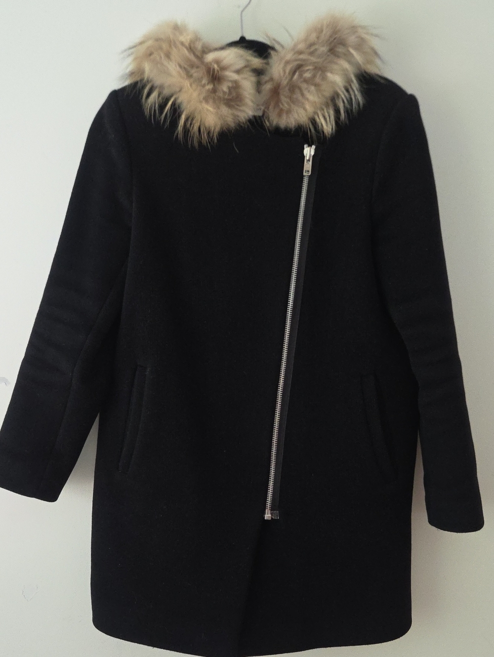 Sandro Paris Black Wool Hooded Coat Real Asiatic Raccoon Fur Trim EU 40 US M